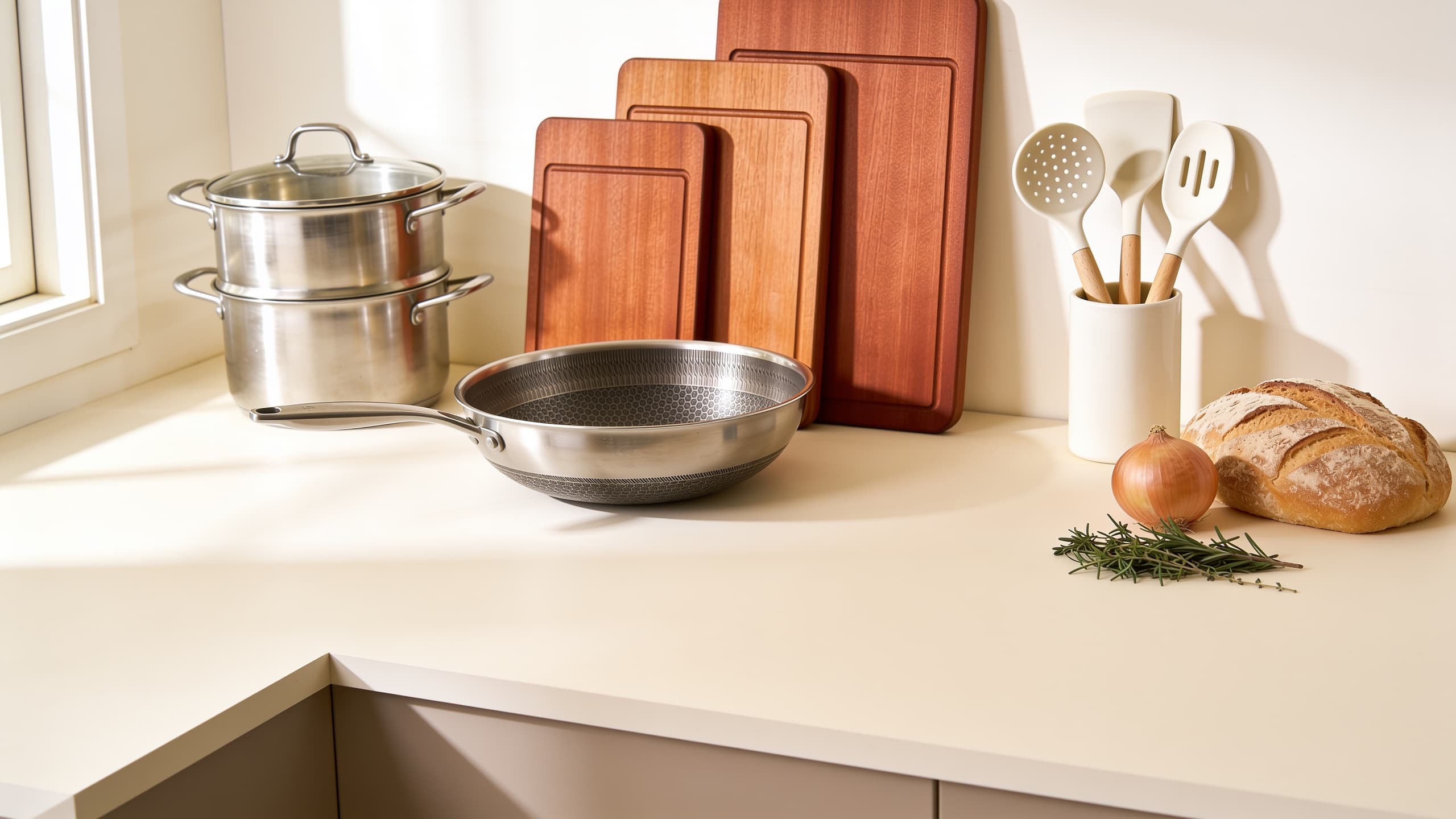 A first kitchen worktop in low morning sun from a window: a stainless steel stockpot and casserole with glass lids, a steel frying pan with an etched honeycomb surface, three reddish acacia chopping boards in graduated sizes with juice grooves, and cream silicone utensils with wooden handles in a pot, beside an onion, a loaf and a sprig of rosemary