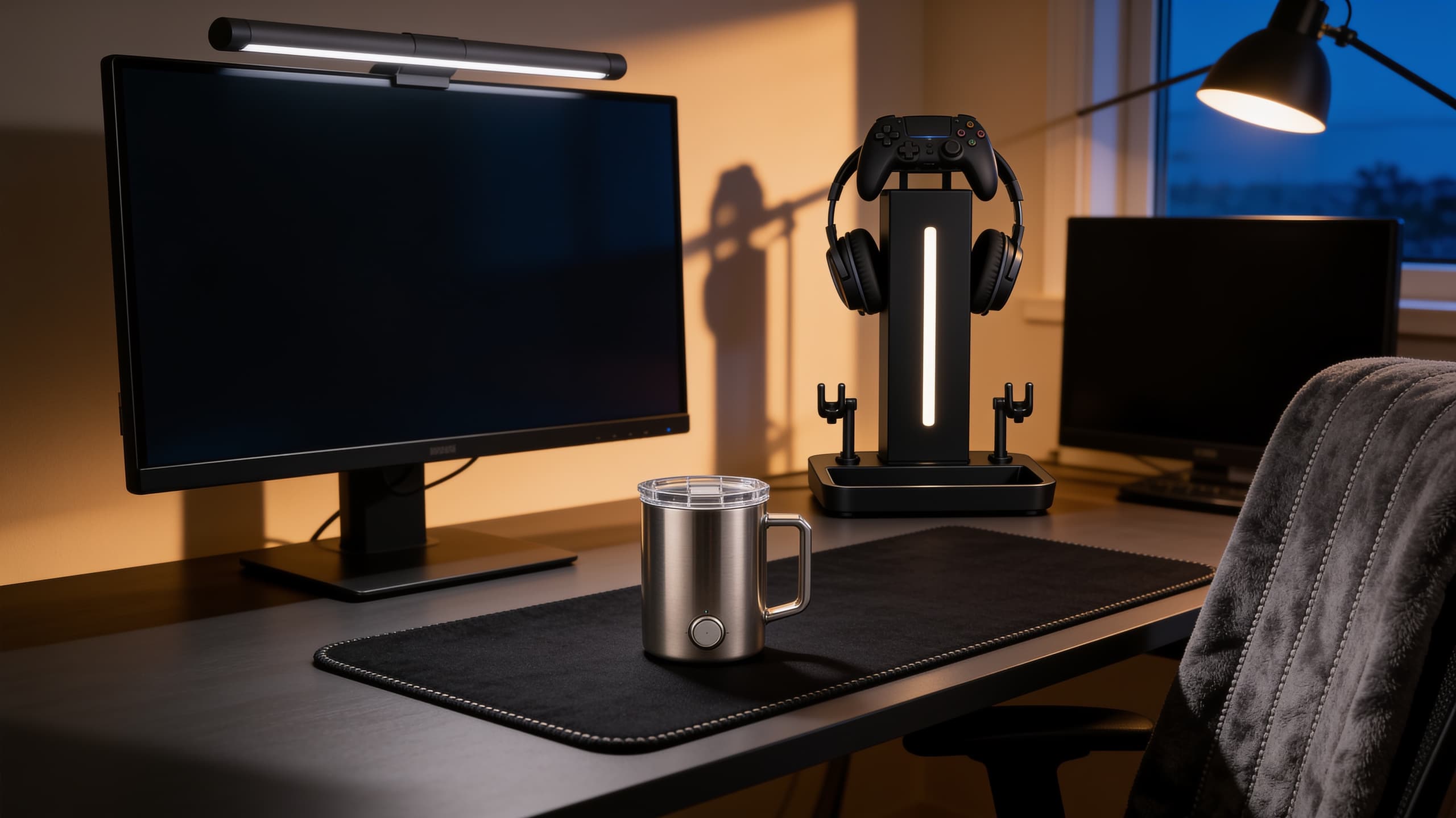 A gaming desk at dusk: a dark grey light bar clamped on the monitor lighting the desk, a long black stitched desk mat, a black headset stand with a lit pillar holding a headset and a controller, a steel mug with a clear lid, and a grey heated throw over the chair