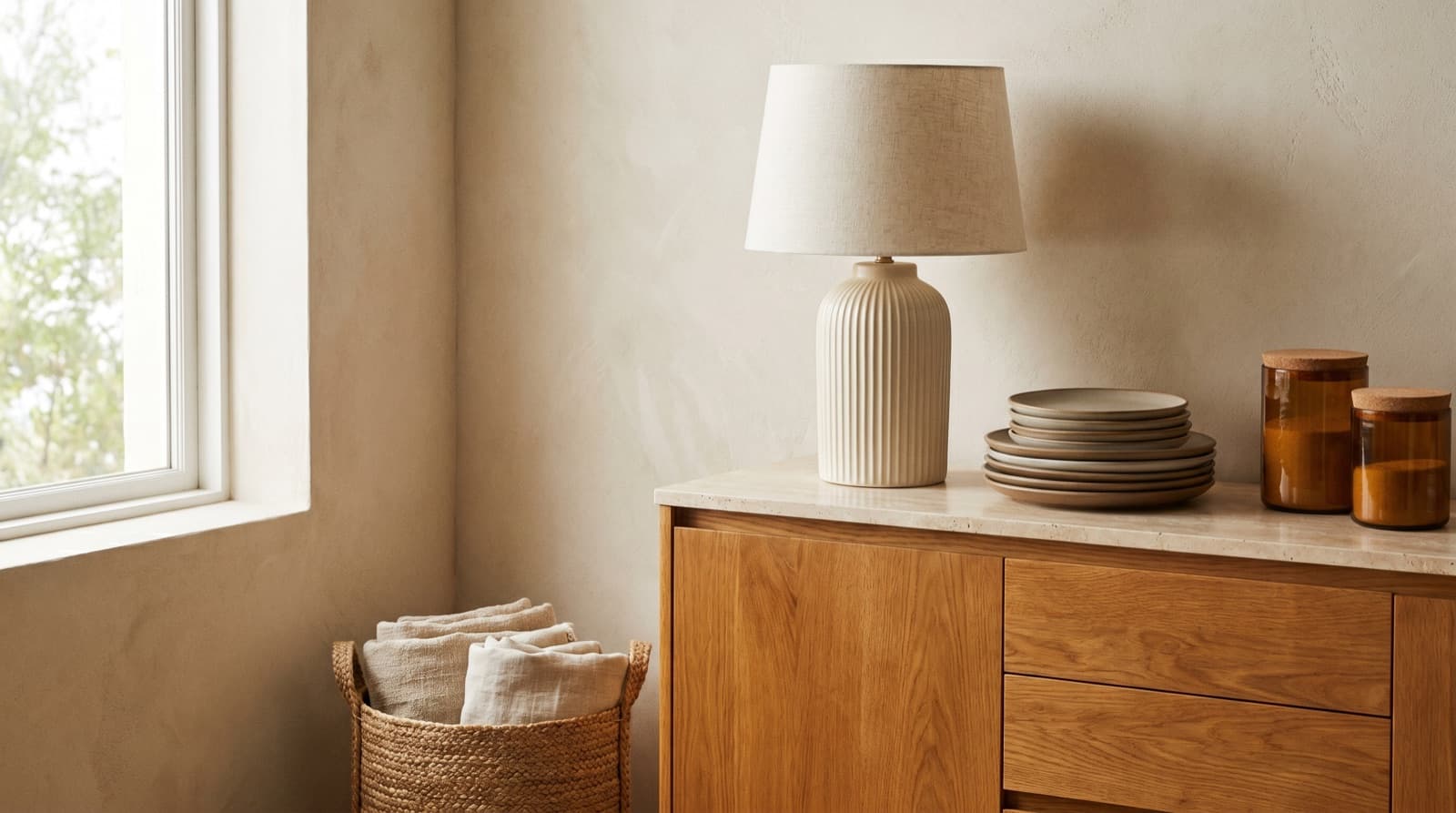 A linen-shaded table lamp on an oak sideboard beside a woven basket of folded linen, in soft daylight