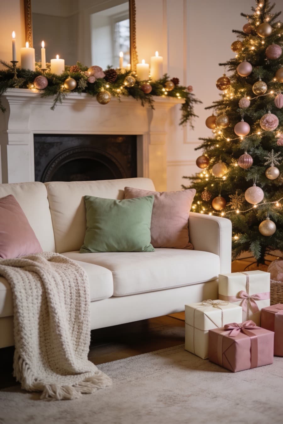 A living room dressed for Christmas in neutral tones with a lit tree