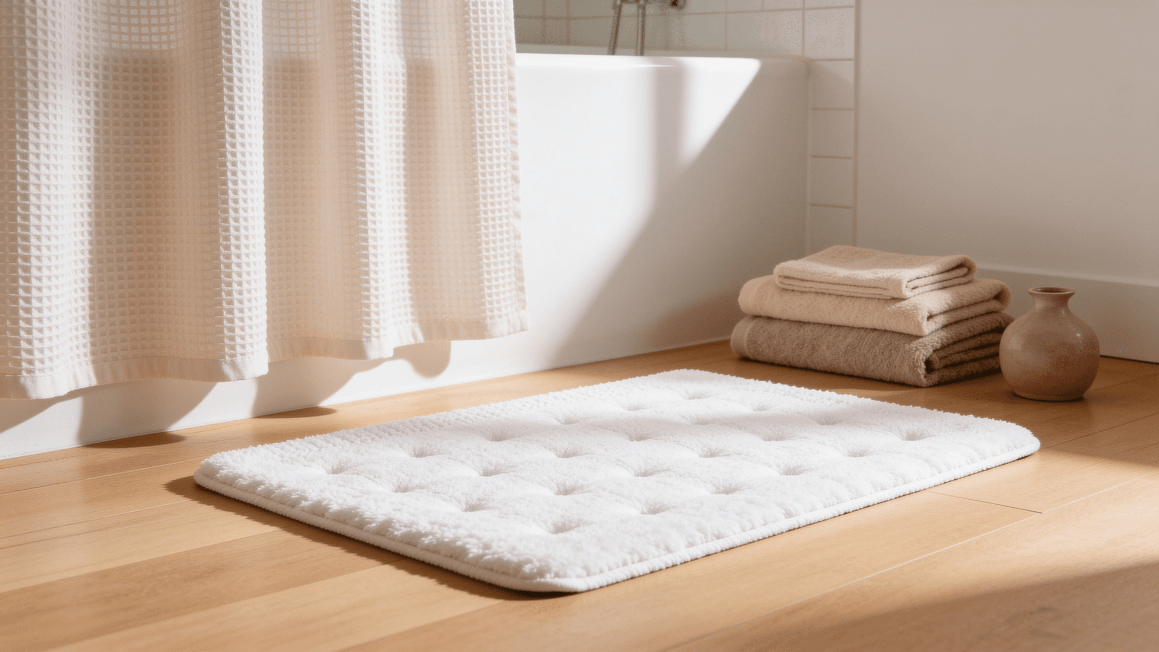 White tufted cotton bath mat plush underfoot on a warm wood bathroom floor in soft light