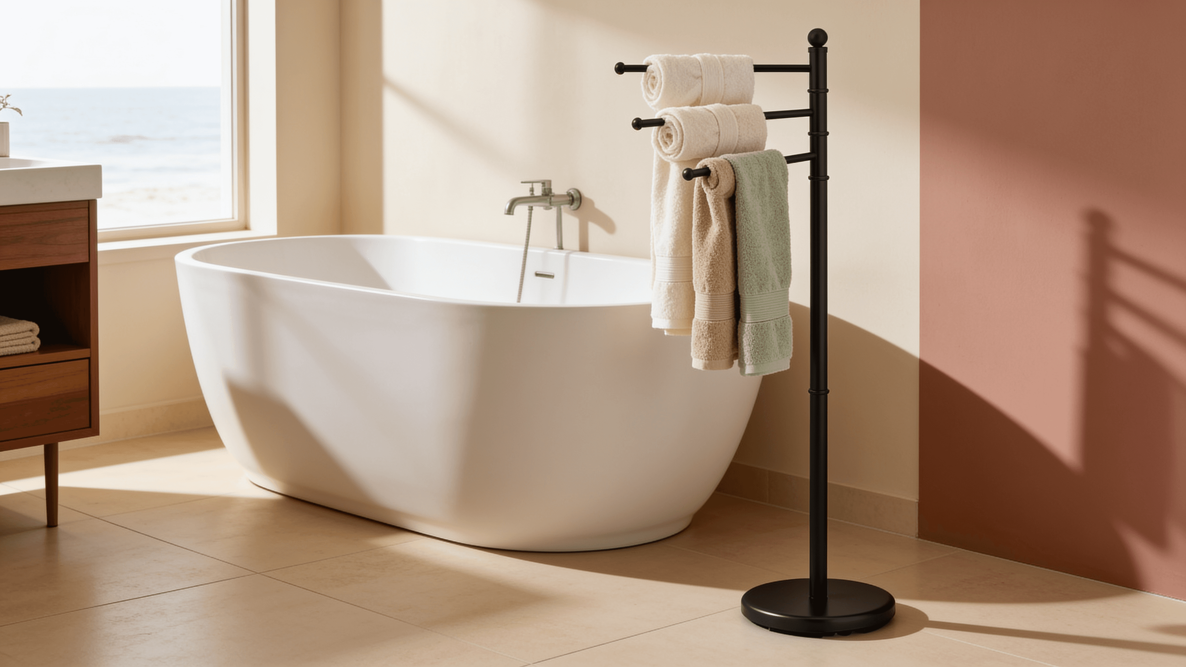 Matte-black freestanding three-arm towel stand with rolled spa towels in a coastal bathroom