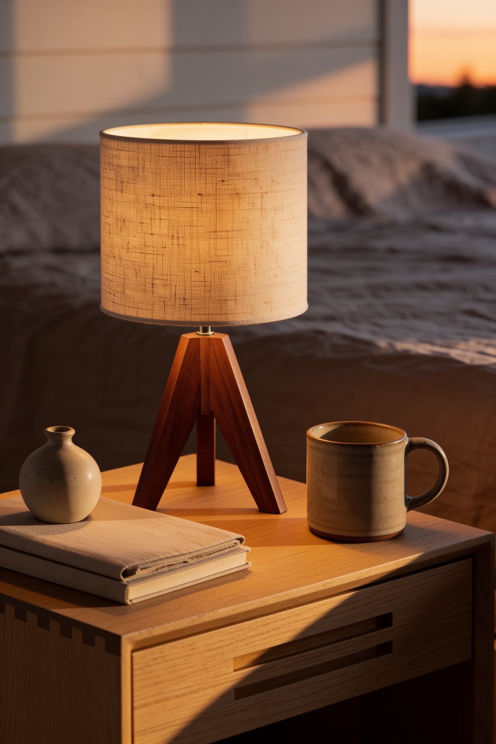 Natural wood tripod bedside lamp with a beige linen drum shade casting a warm glow