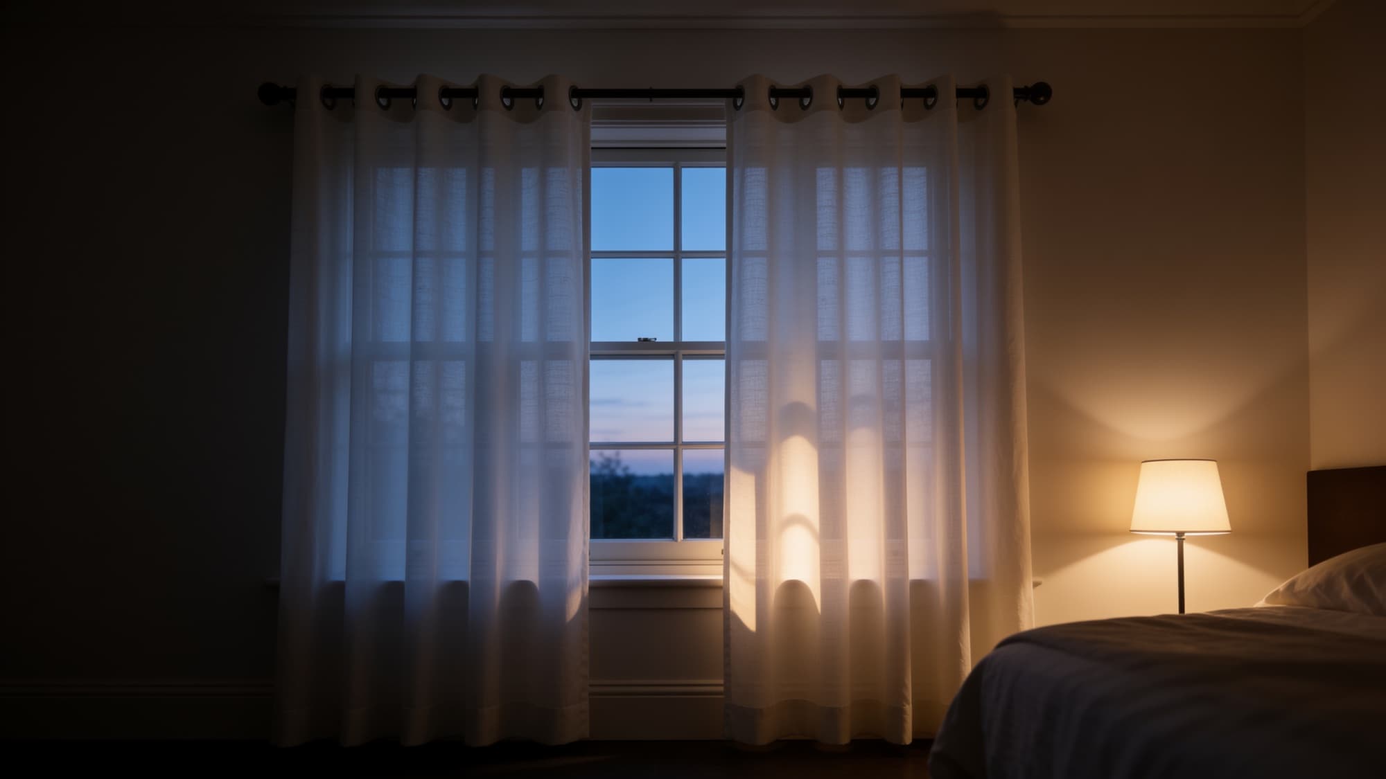 White voile curtains drawn across a sash window at last light