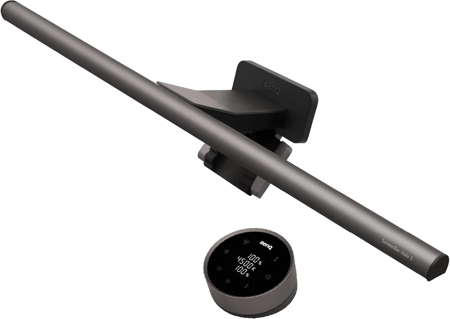 A slim dark grey light bar clamped along the top edge of a monitor, with a small round wireless dial beside it