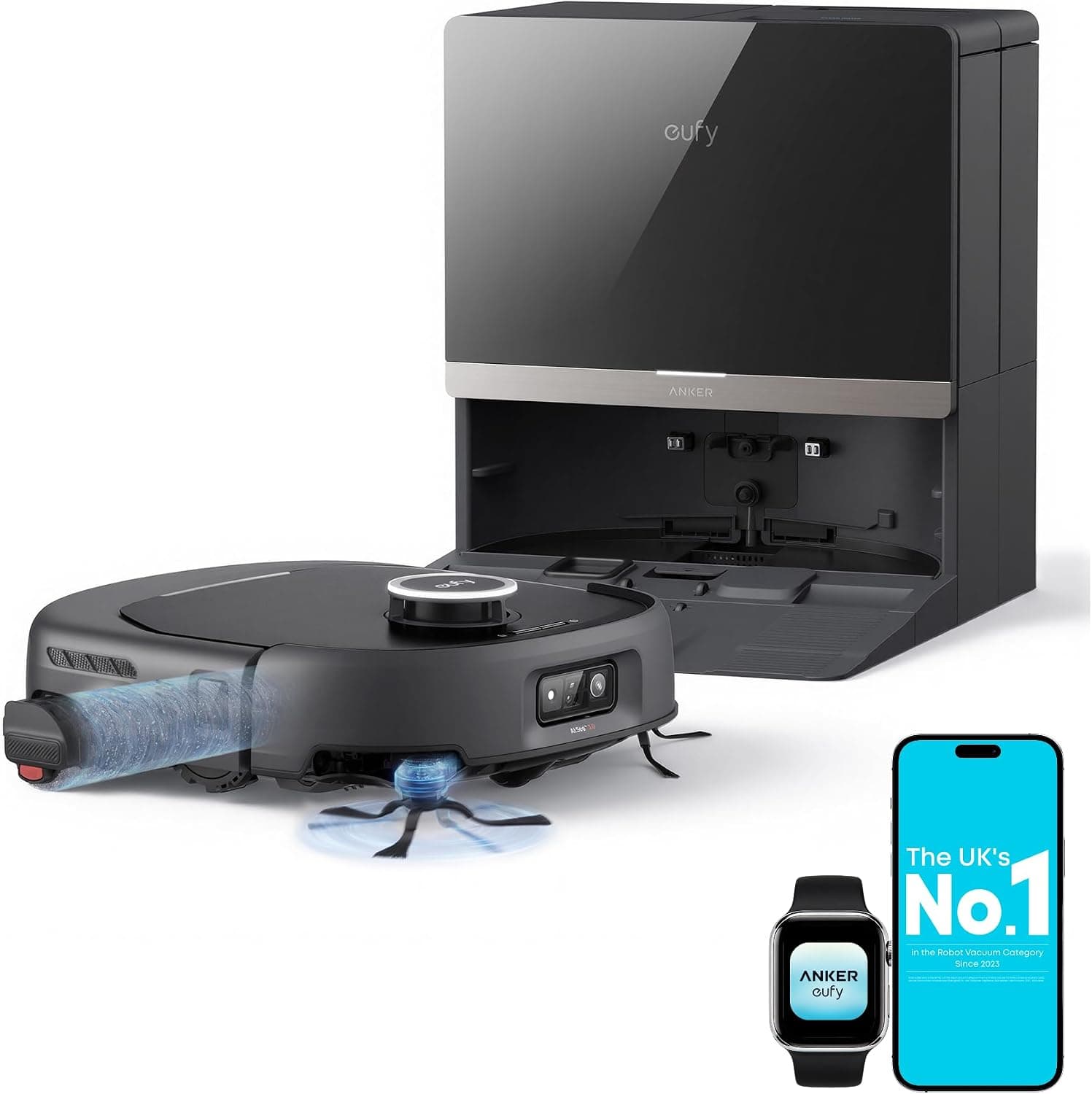 A black eufy robot vacuum in front of its tall black base station, with the eufy app shown on a phone
