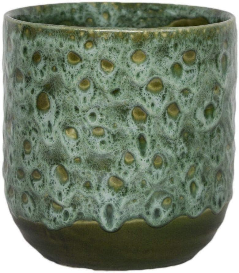 A small round ceramic plant pot in a speckled emerald green reactive glaze with a darker band at the base