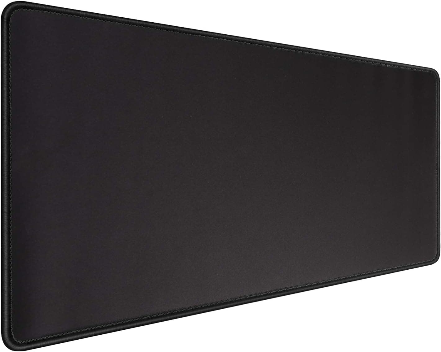 A long black cloth desk mat with stitched edges, wide enough for a keyboard and a mouse side by side