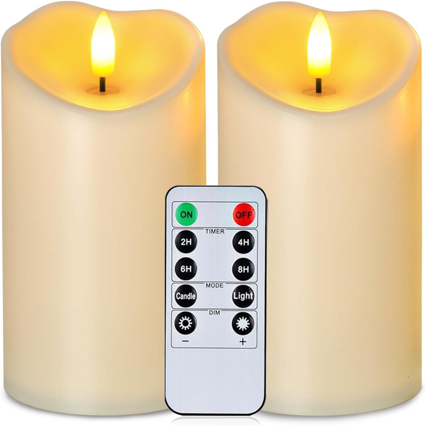 Two dark ivory flameless pillar candles with flickering LED wicks glowing inside a ribbed glass lantern on a hall table