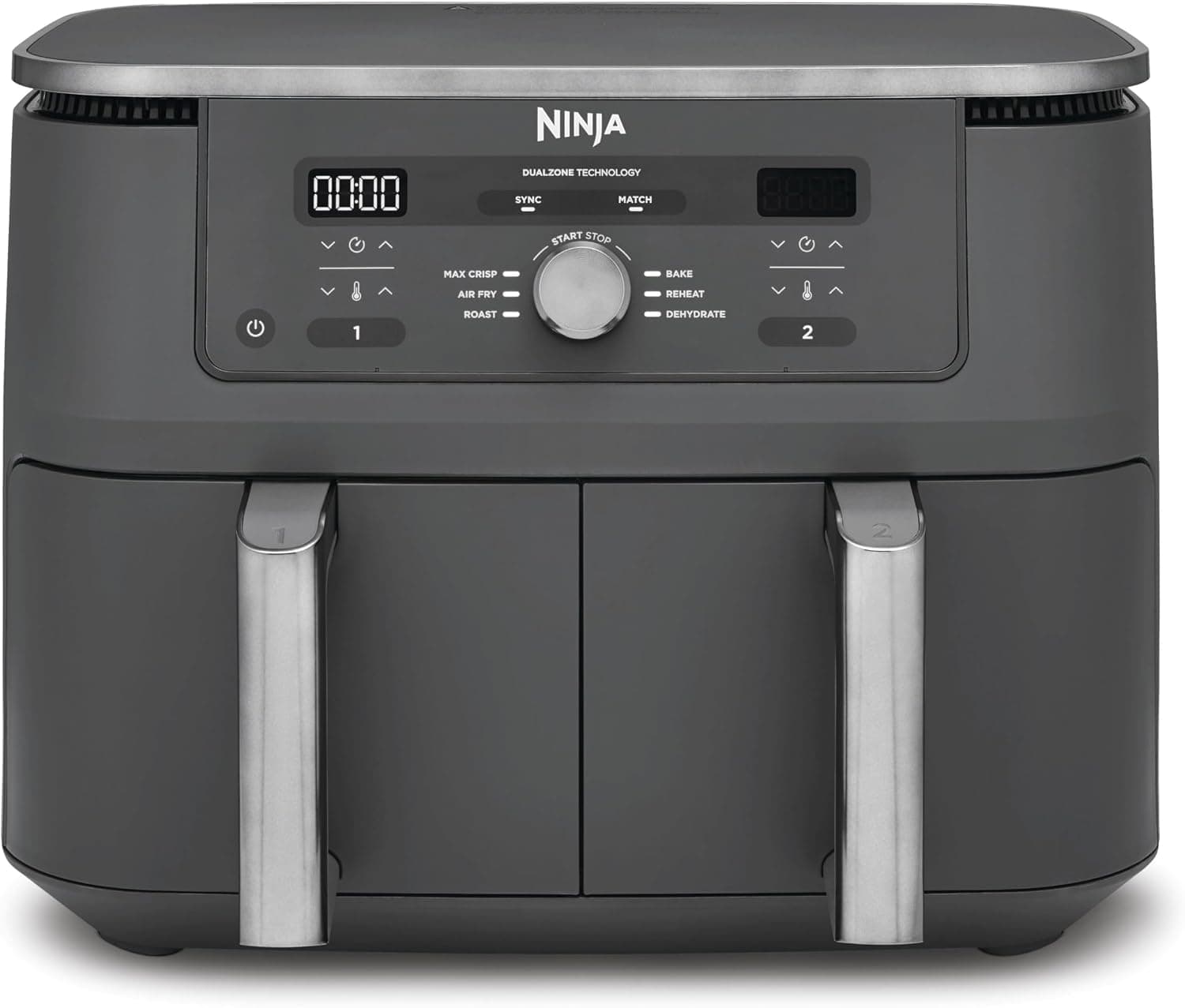 A gunmetal grey Ninja two-drawer air fryer with a central dial and a display above each drawer