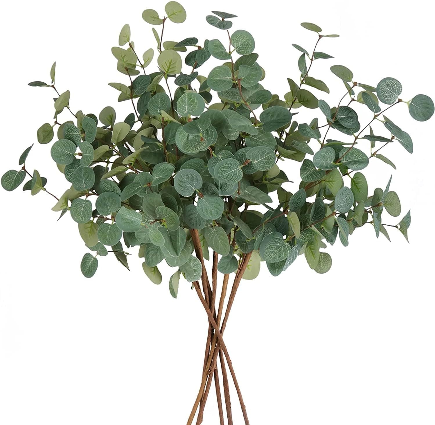 Six bunches of silver-green artificial eucalyptus stems, some in a stoneware jug and some laid along a table garland