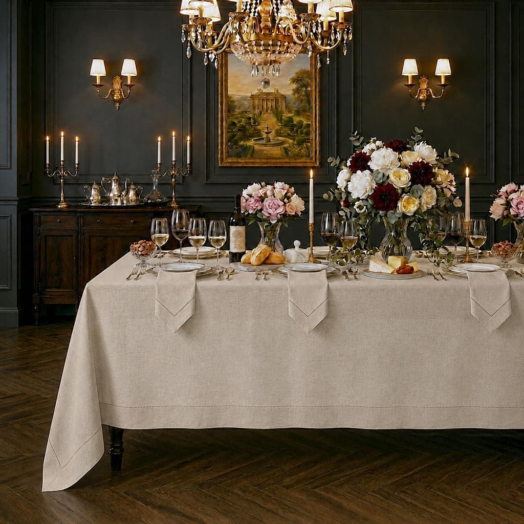 A long oatmeal 100% linen tablecloth with a hemstitched edge on a dining table laid with candles and a green garland