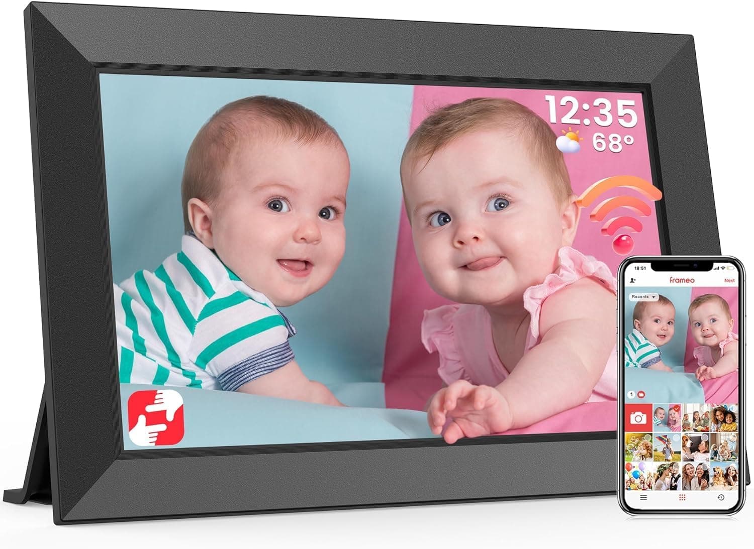A black 10.1-inch digital photo frame on a desk stand, its touch screen showing a family photograph