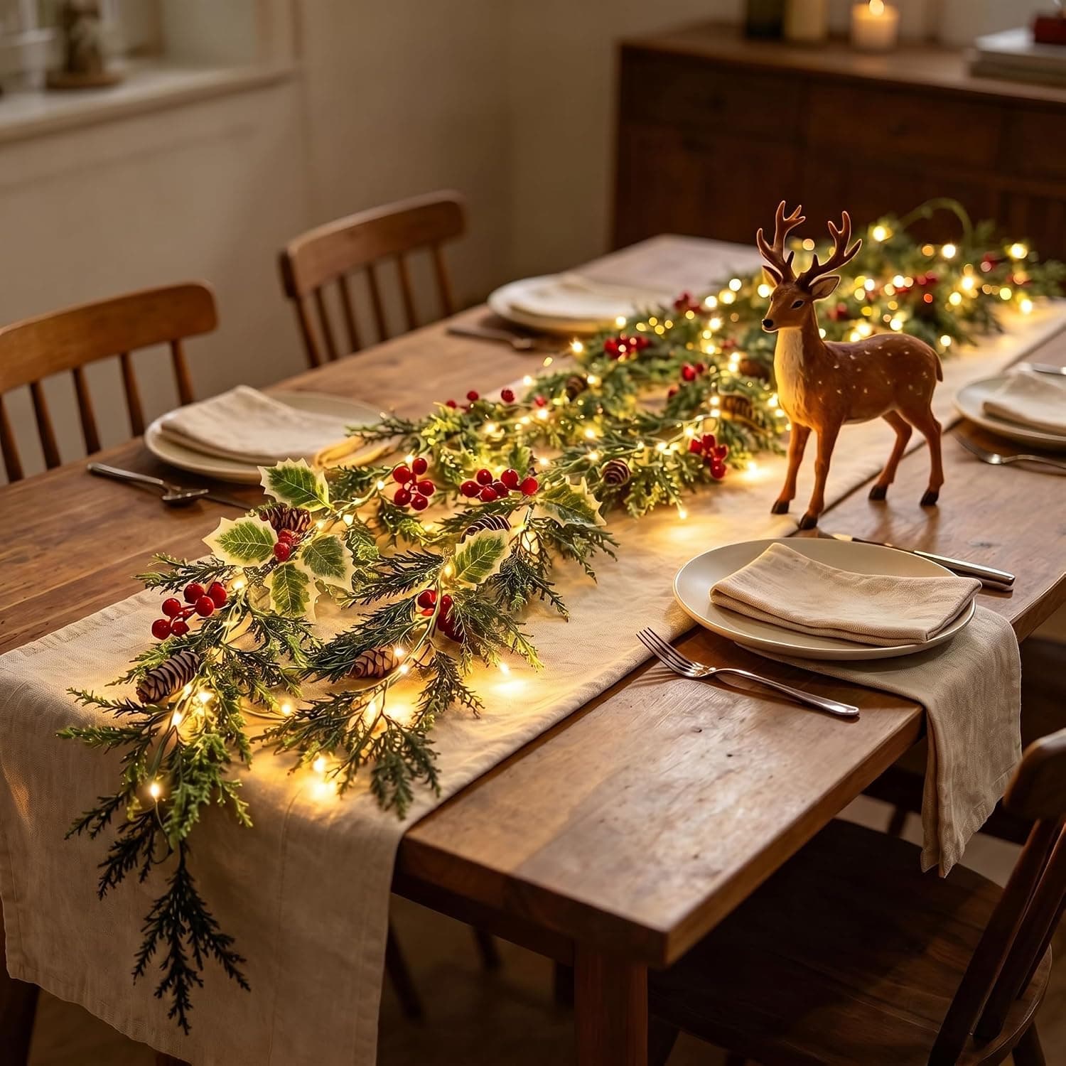 A 180cm artificial Norfolk pine garland with soft shaded needles and small warm lights laid along a dining table