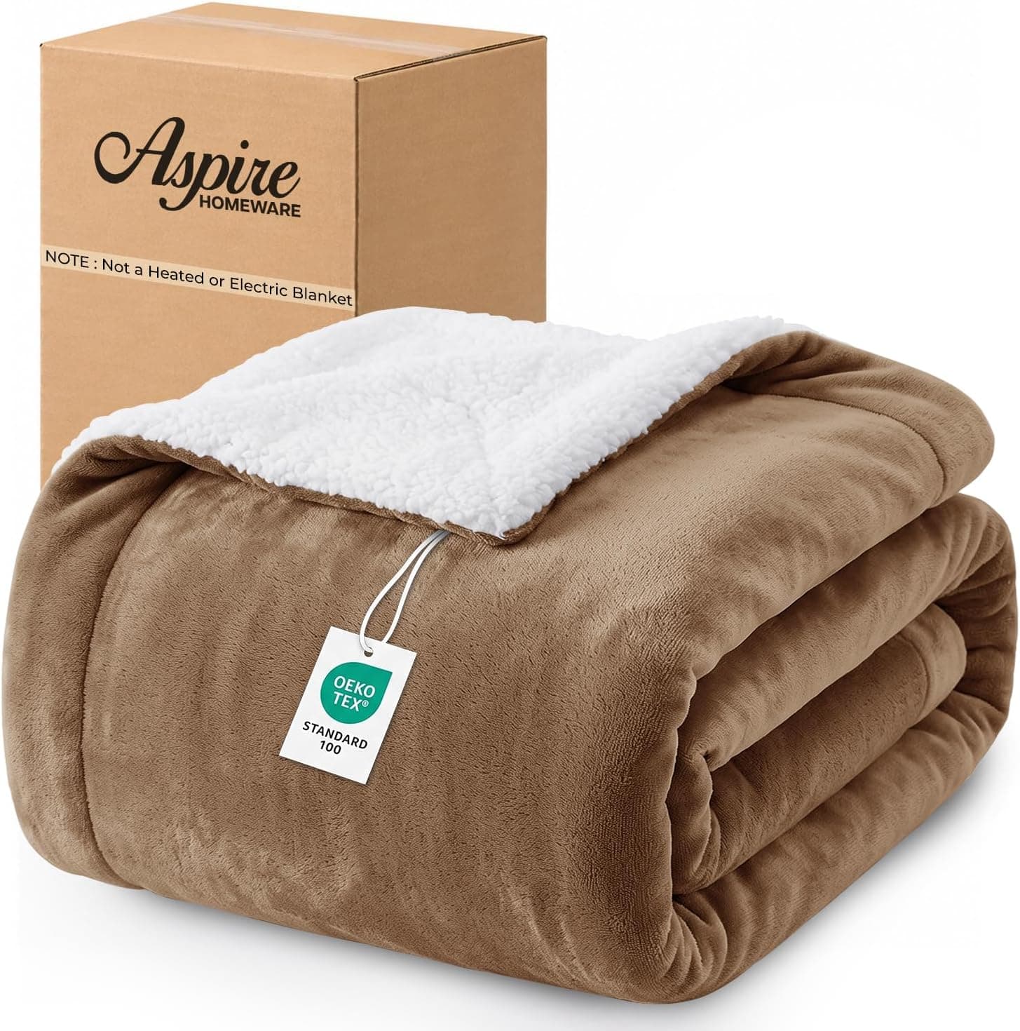 A camel-coloured fleece throw folded over the arm of a sofa, one corner turned back to show the teddy sherpa underside