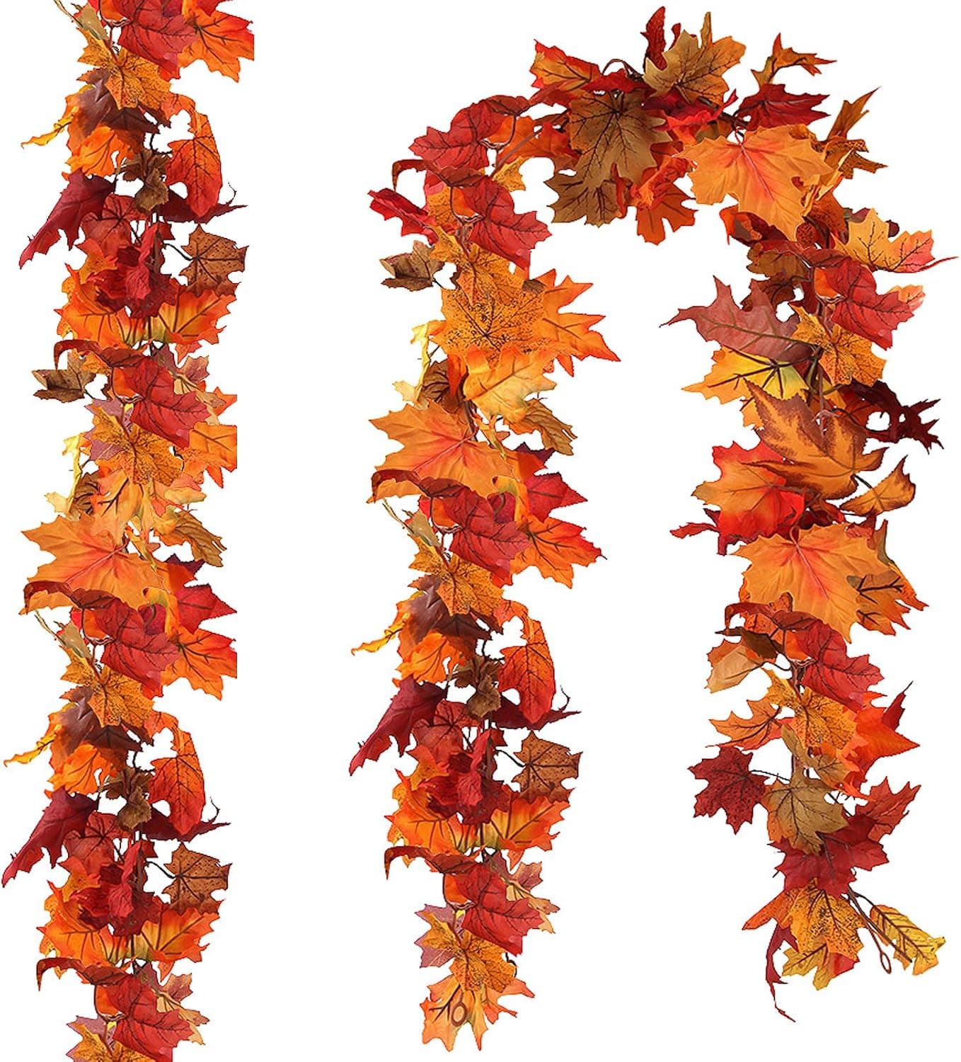 Two artificial maple leaf garlands in orange, red and green draped along a mantelpiece and a white banister in autumn
