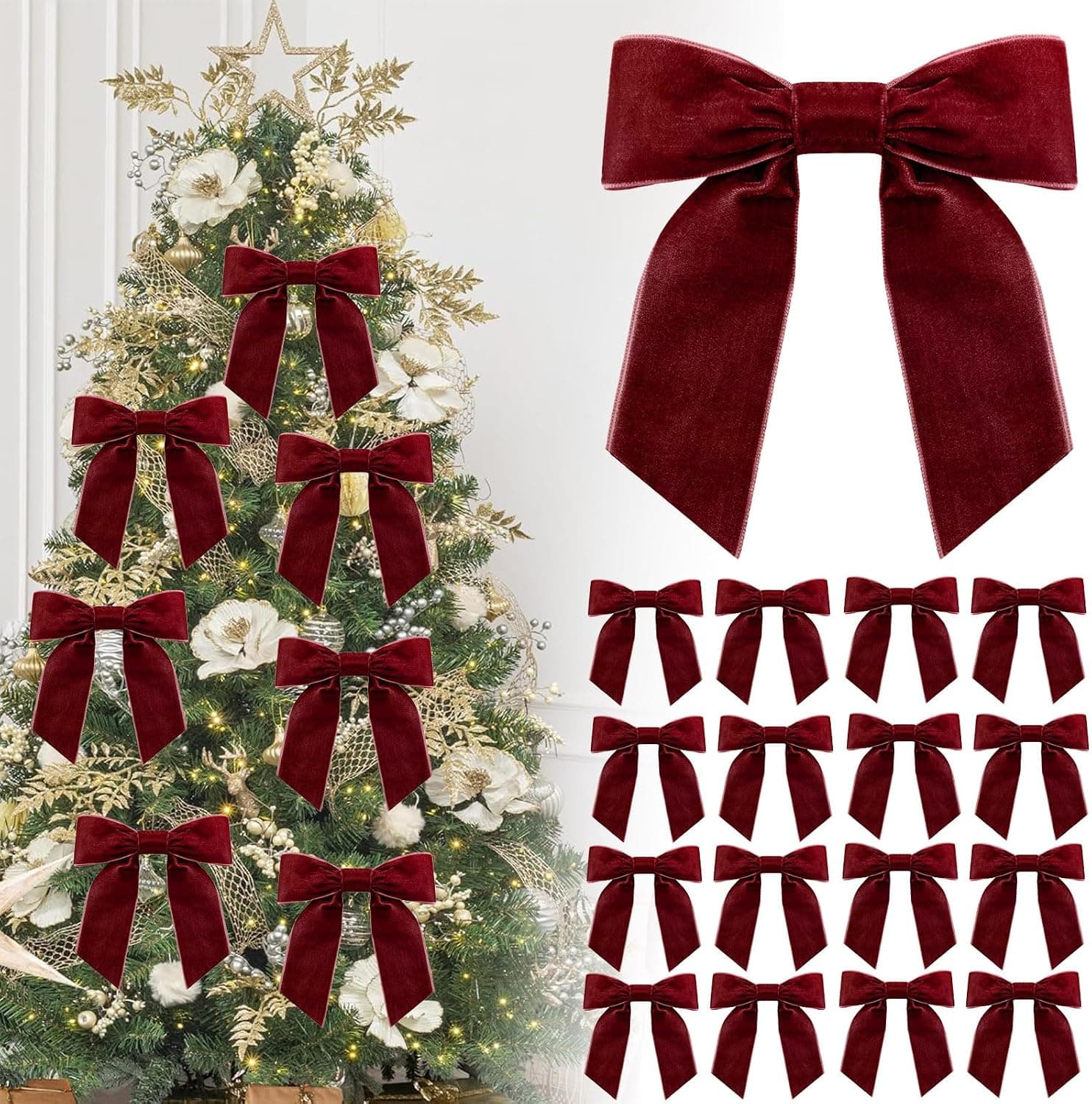 Sixteen small burgundy velvet bows with twist ties, several tied along a snow-tipped pine garland on a white banister