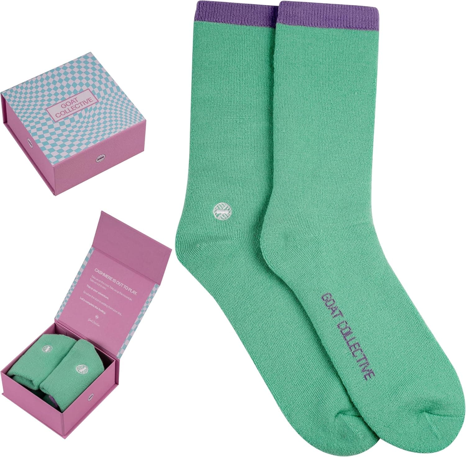 A pair of mint green crew socks with purple cuffs beside a pink and blue checked gift box