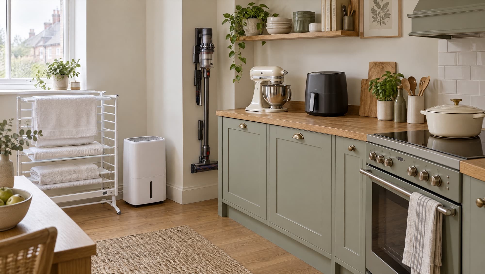 A tidy kitchen and utility corner with a heated clothes airer, a dehumidifier, a cast iron casserole, a stand mixer, an air fryer and a cordless vacuum