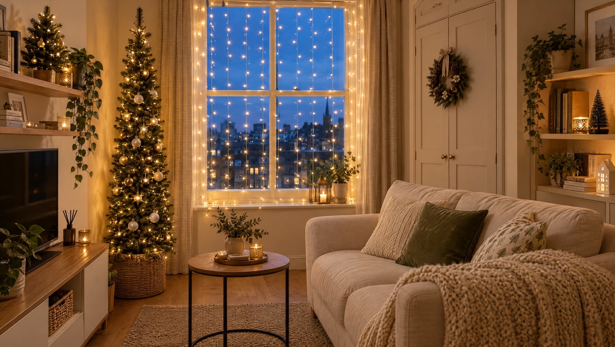 A small flat at Christmas with a slim pencil tree in the corner, curtain fairy lights across the window and a mini wreath on a cupboard door