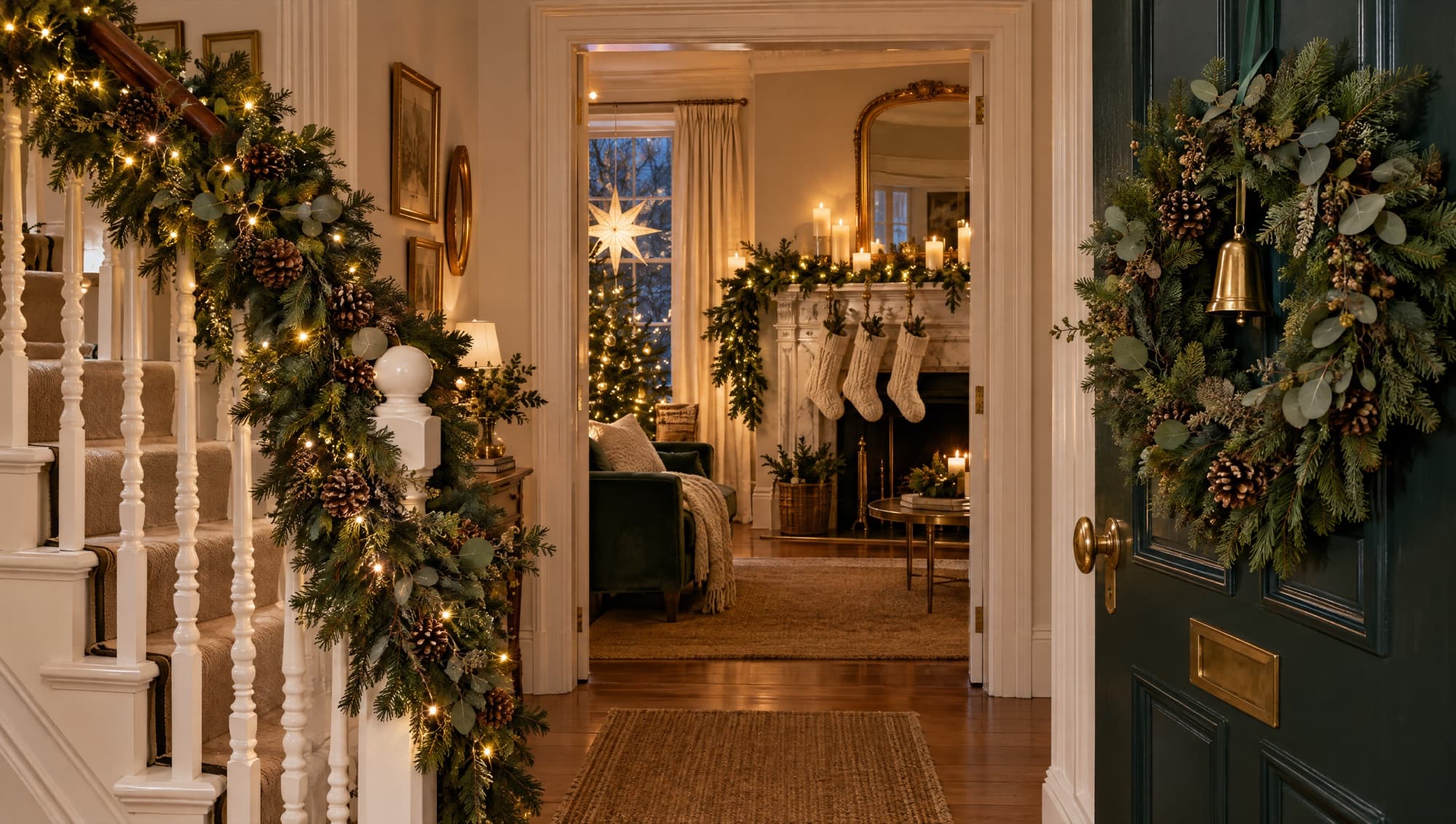 A period hallway at Christmas: a pre-lit fir garland wound round the banister, a wreath on the front door and stockings on the mantel beyond