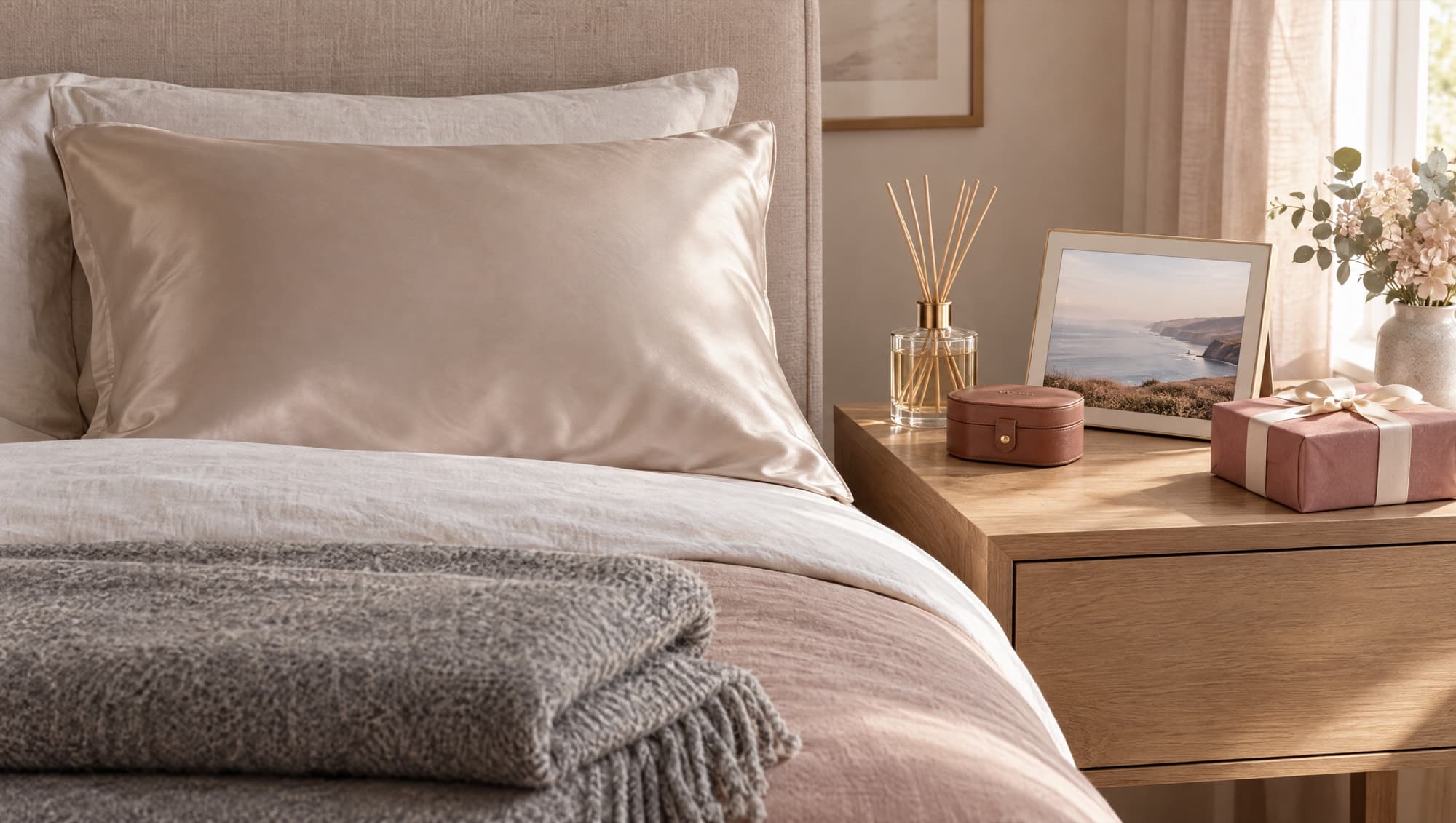 A calm bedside with a silk pillowcase, a folded wool throw, a reed diffuser and a small jewellery box beside a present wrapped in dusty-rose paper