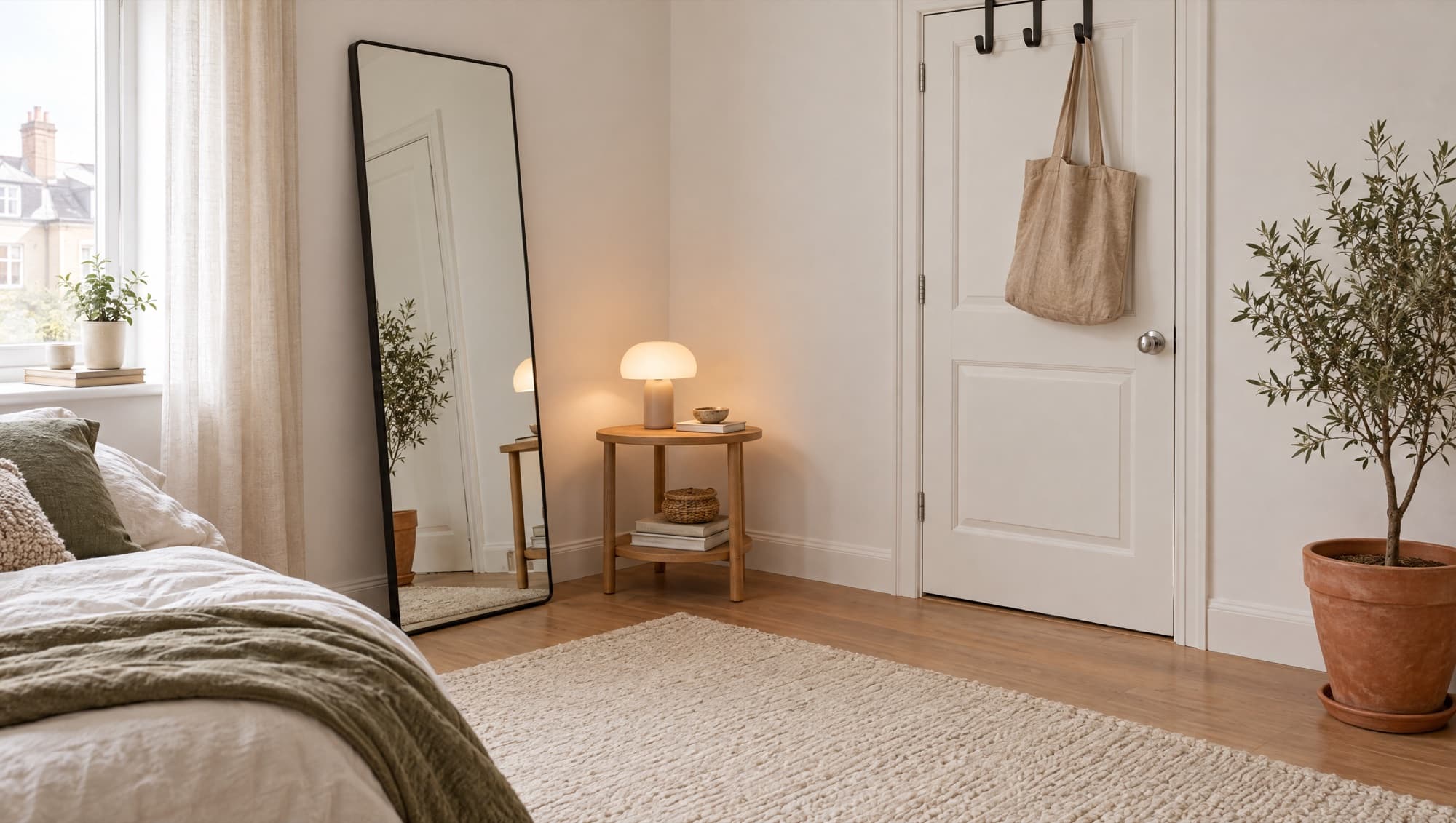 A bright rented bedroom nook with a leaning floor mirror, a cordless table lamp, over-door hooks and a potted olive tree — nothing fixed to the walls