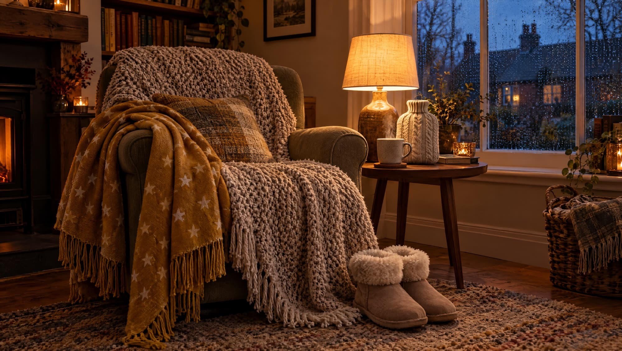 An armchair layered with a chunky knit throw and a mustard star-print blanket scarf, a hot water bottle and a steaming mug on the side table, on a dark autumn evening