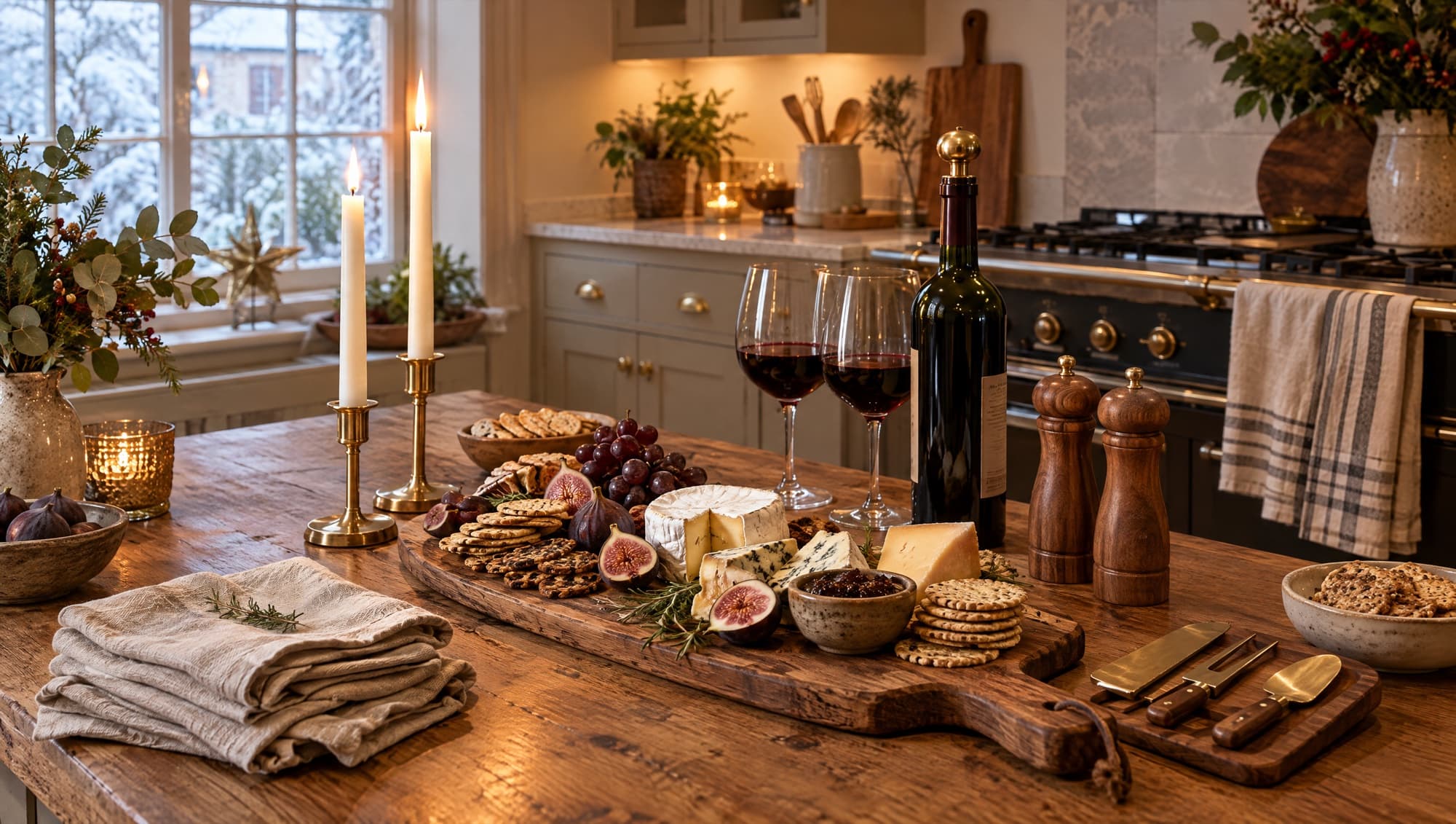 A Christmas host's table with a wooden serving board of cheeses and figs, linen napkins, lit taper candles in brass holders and a bottle of wine