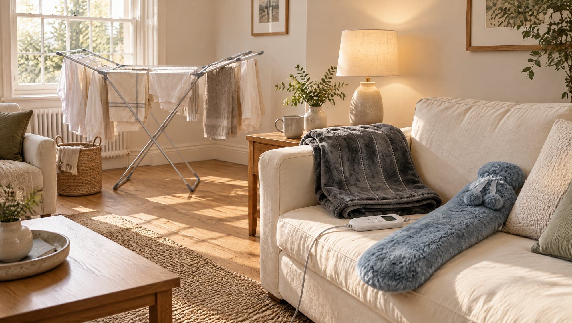 A sunlit sitting room with a grey heated throw and a long plush hot water bottle on a cream sofa, a lamp lit, and washing drying on an airer by the window