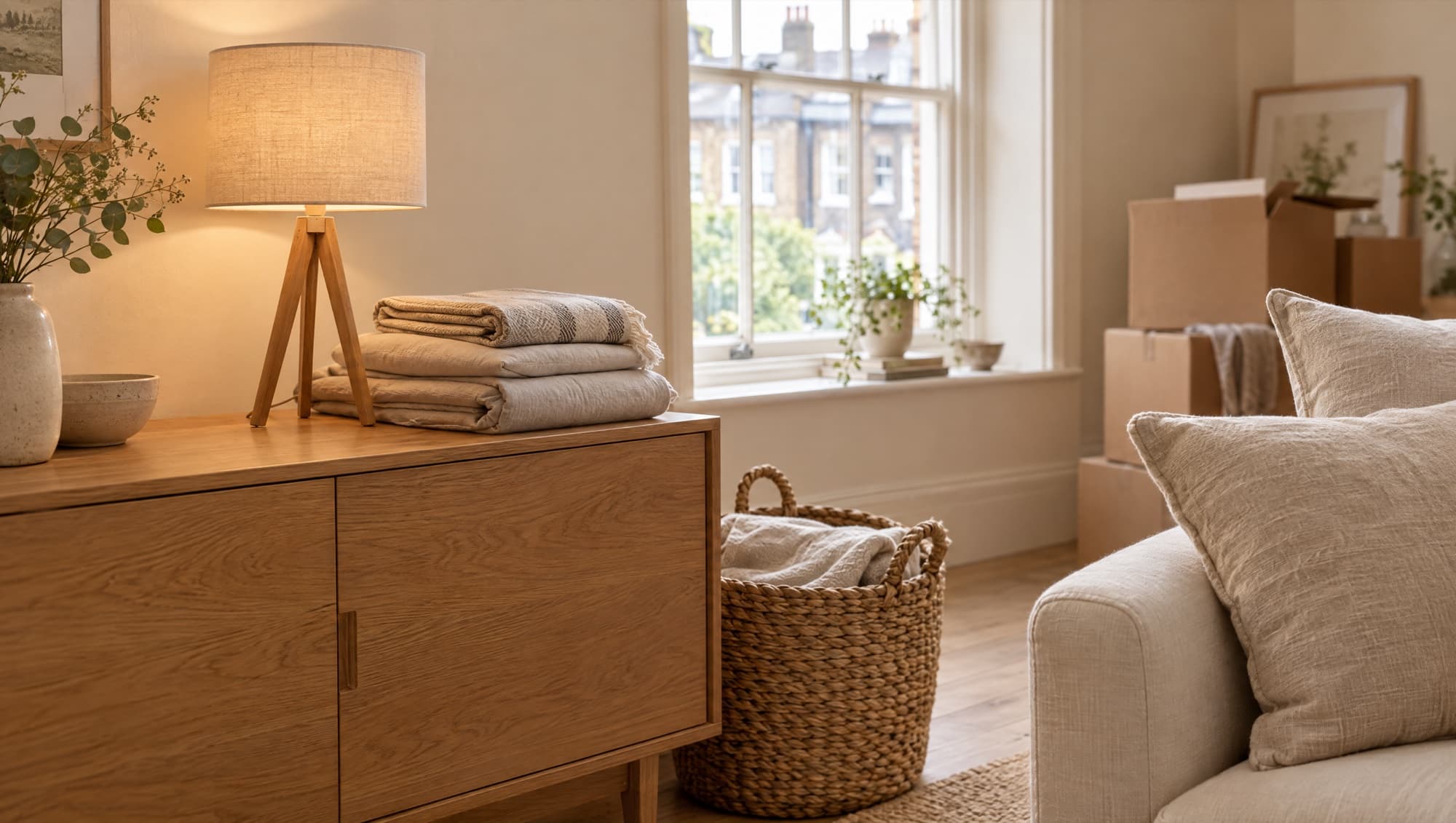 A natural-wood tripod lamp with a linen shade lit on an oak sideboard in a newly moved-into flat, a seagrass basket of folded linen beside it and boxes still to unpack