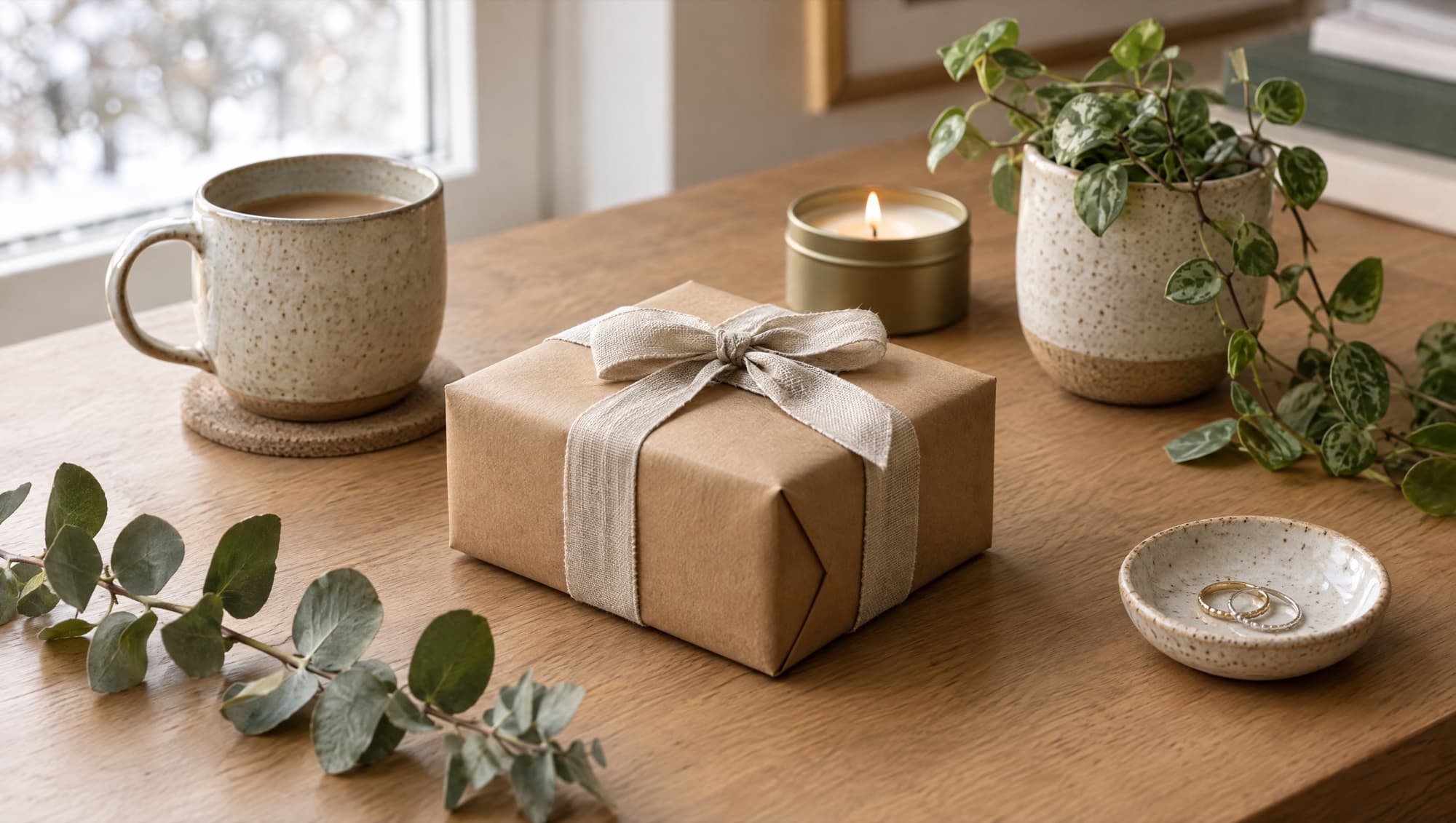 A small present wrapped in kraft paper and linen ribbon on an oak desk, beside a stoneware mug, a candle tin, a tiny plant pot and a ring dish