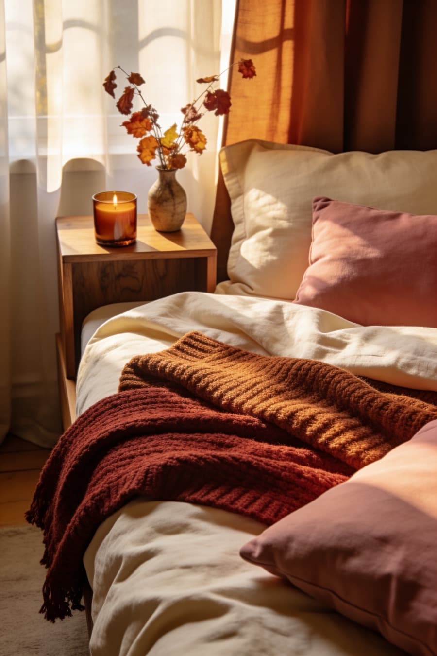 A bed made up in layered autumn bedding with a knitted throw, in warm afternoon light