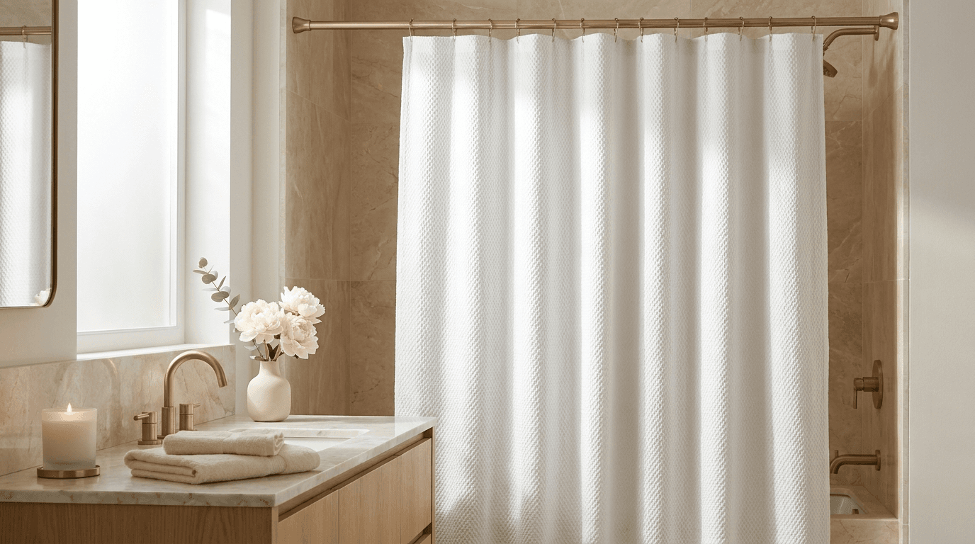 White waffle weave fabric shower curtain hanging in a bright neutral spa-style bathroom
