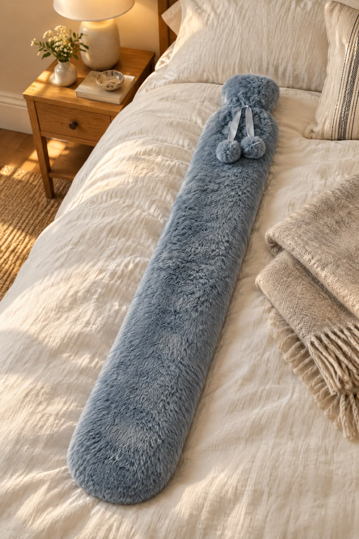 A long blue-grey plush hot water bottle with a ribbon and pom-poms lying across a bed made with cream linen