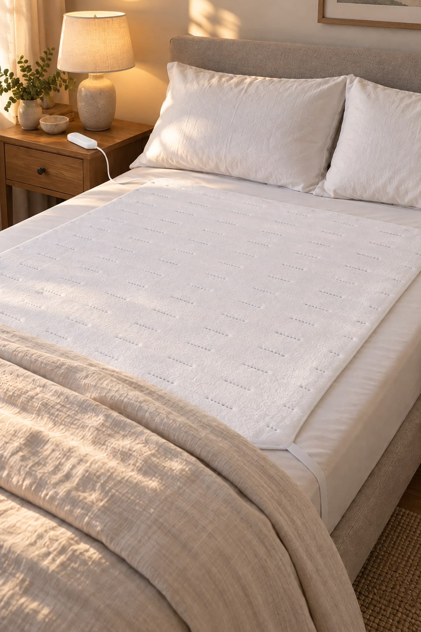A white fleece electric underblanket strapped flat on a double mattress, duvet folded back, controller on the bedside table