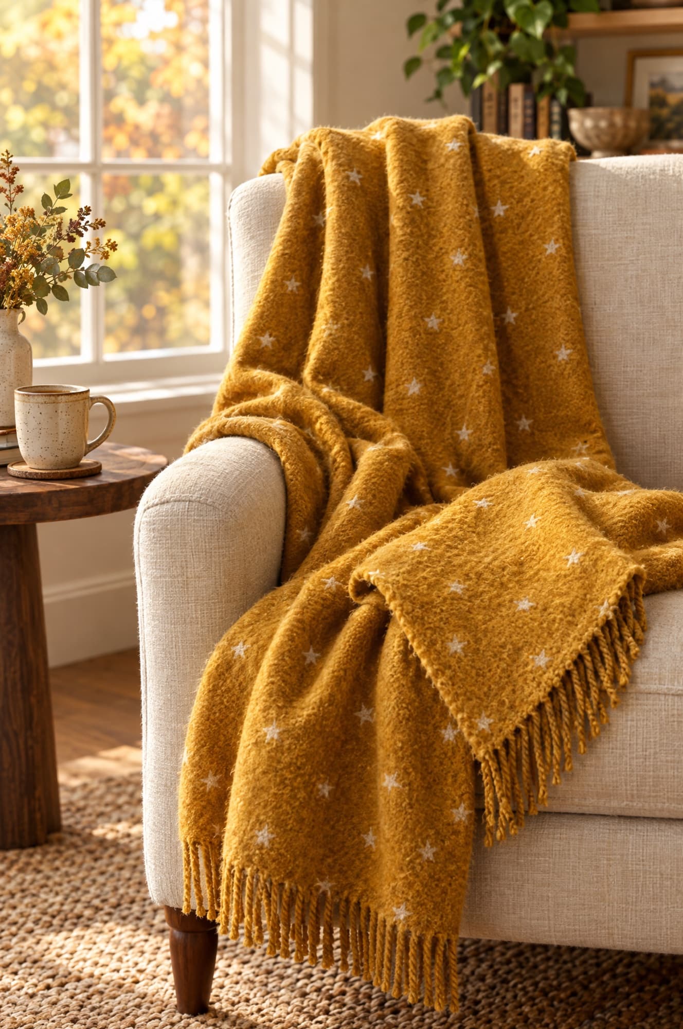 An oversized mustard-yellow star-print blanket scarf draped over the back of a cream armchair in warm afternoon light