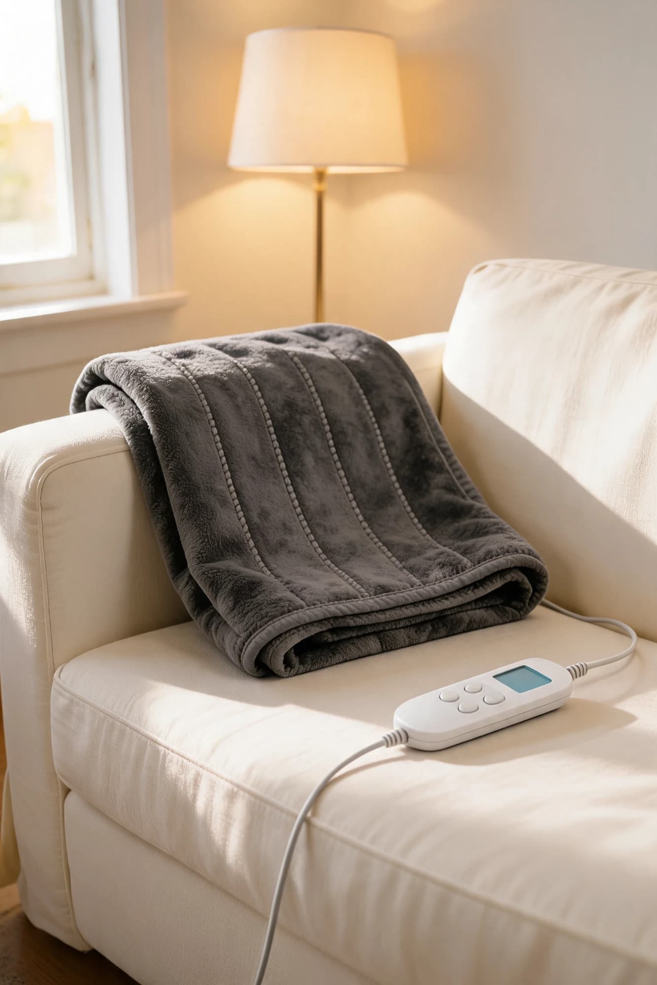 A charcoal-grey fleece heated throw with stitched stripes, folded over the arm of a cream sofa, its white remote beside it