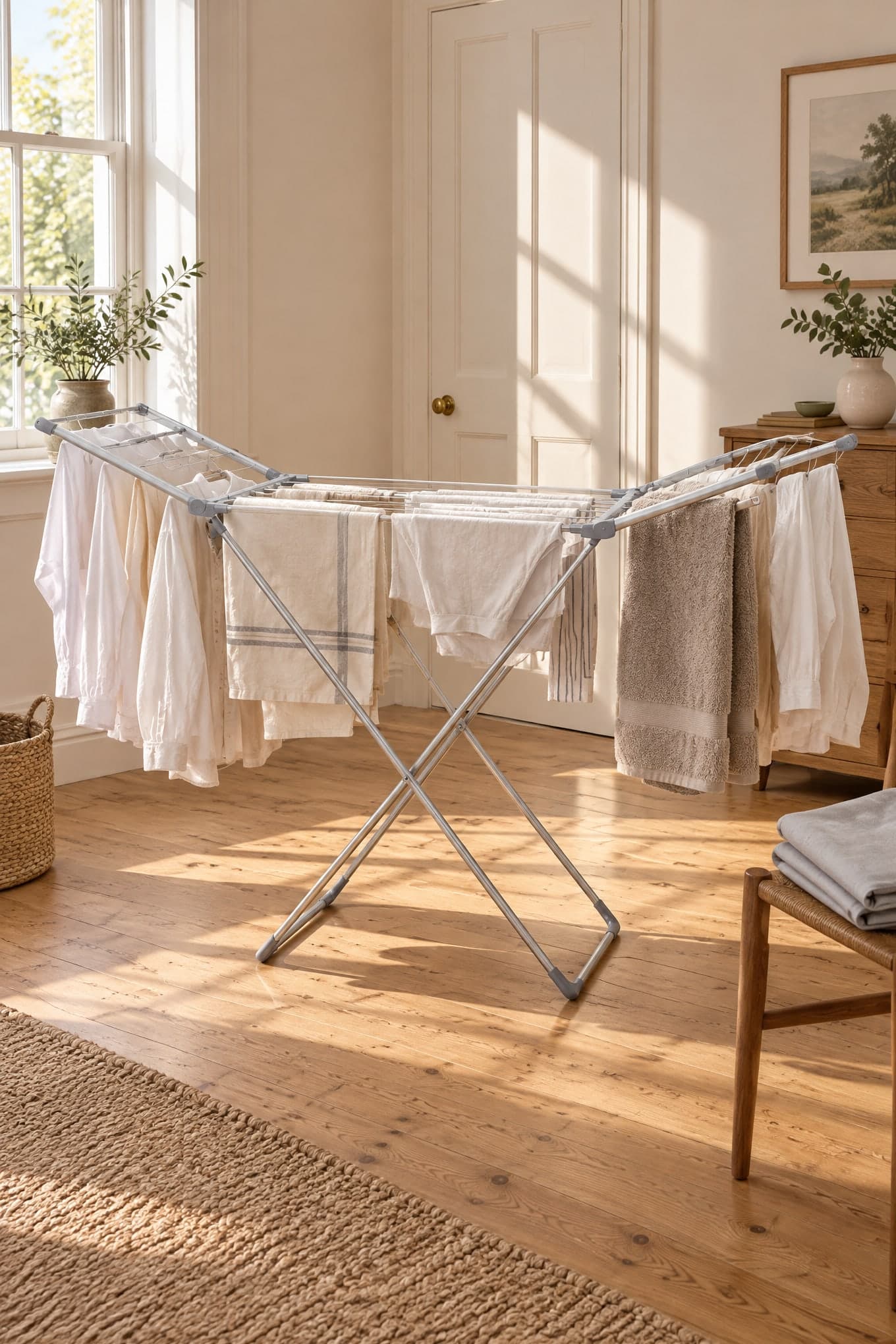 A silver winged clothes airer hung with white and cream washing in a sunny room, its grey cover folded on a chair