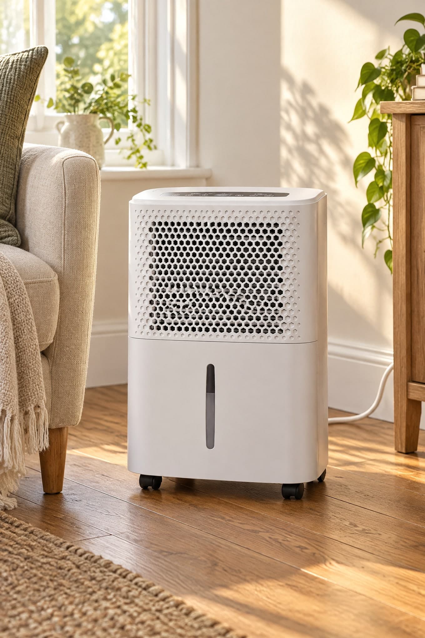 A compact white dehumidifier with a hexagonal grille on floorboards beside a linen armchair near a sunny window