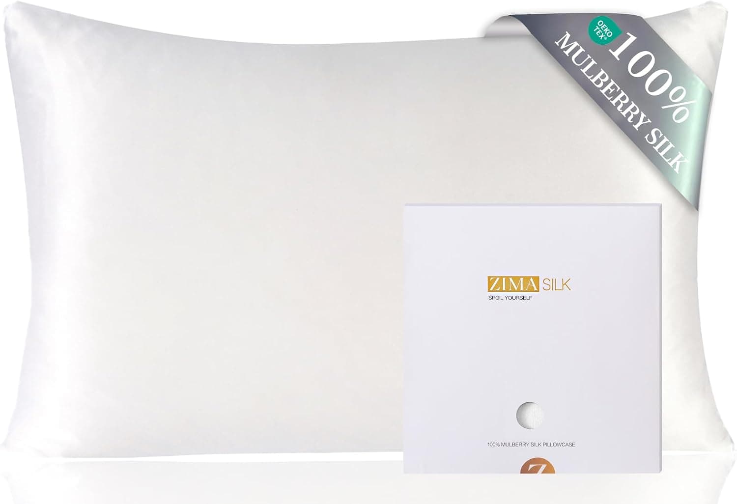 A white mulberry silk pillowcase with a soft sheen, on a plump standard pillow