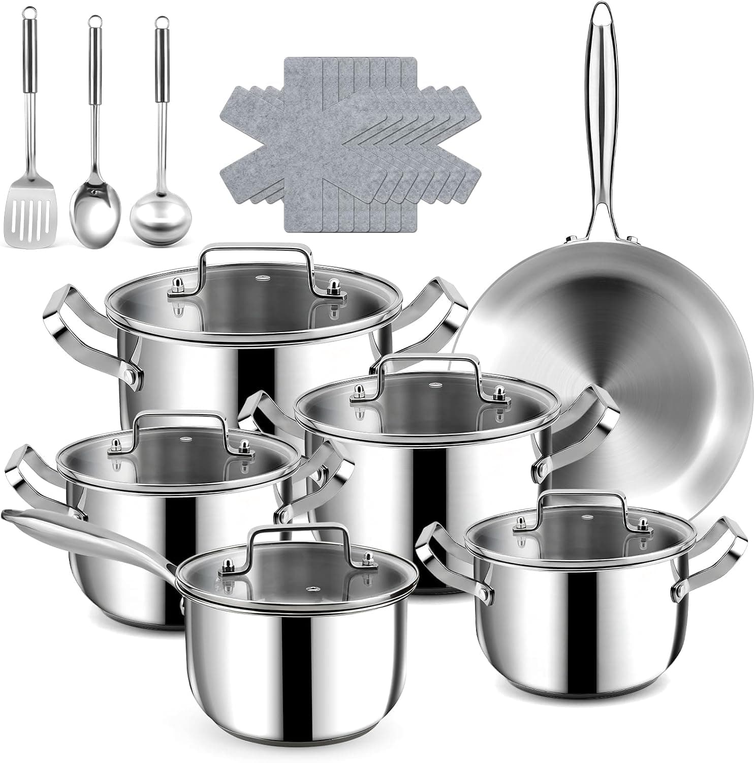 A mirror-polished stainless steel cookware set of lidded two-handled pots, a lidded saucepan and a wide frying pan