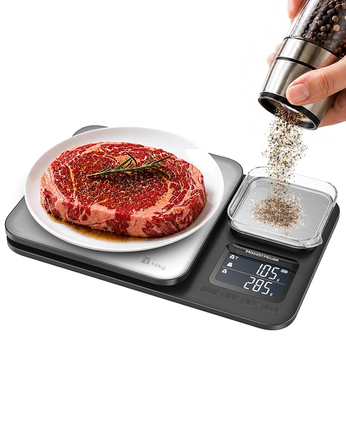 A black digital kitchen scale with two stainless steel weighing platforms, one large and one small, and a display
