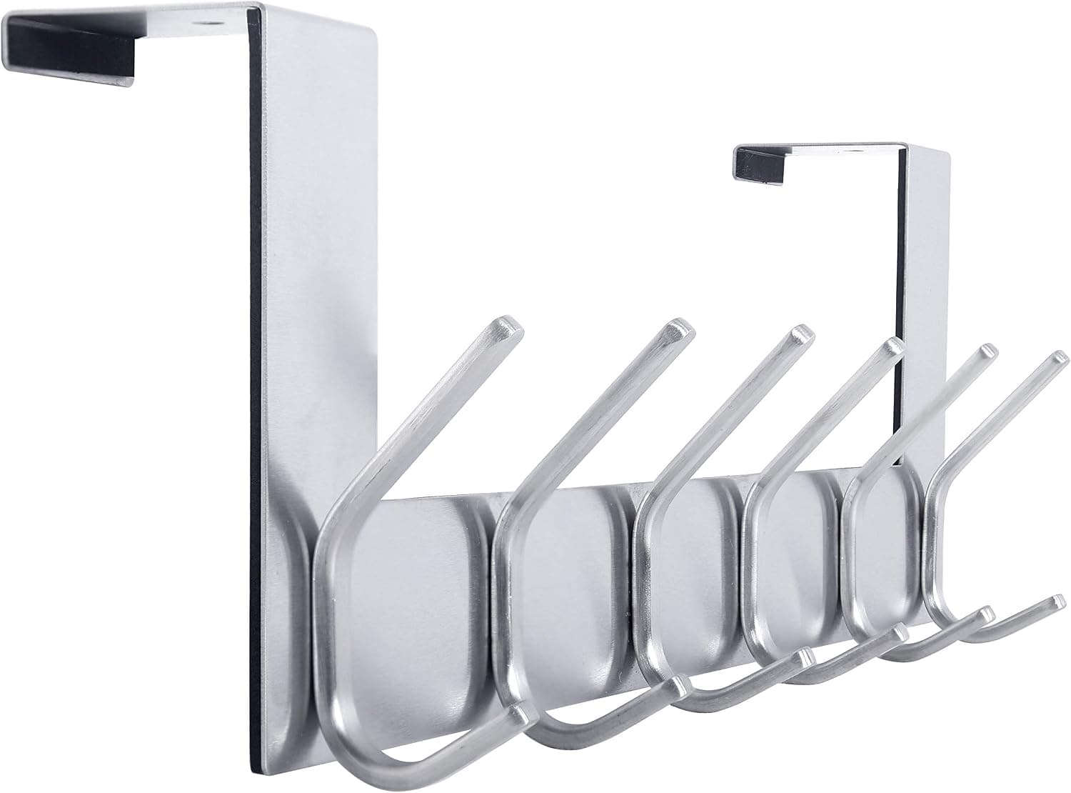 A silver steel over-door rack with six double hooks along one bar and two slim brackets that hook over a door