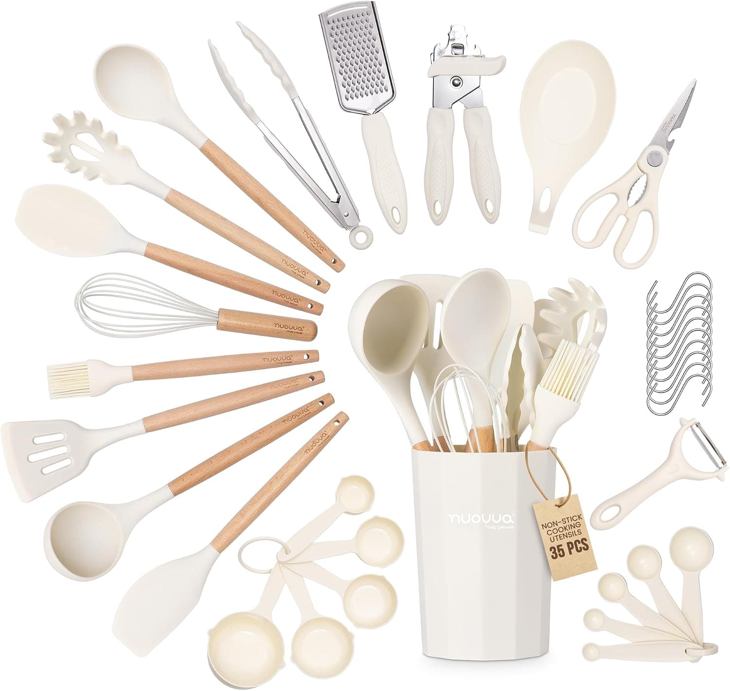 A set of cream silicone cooking utensils with light wooden handles, with a holder and small kitchen tools