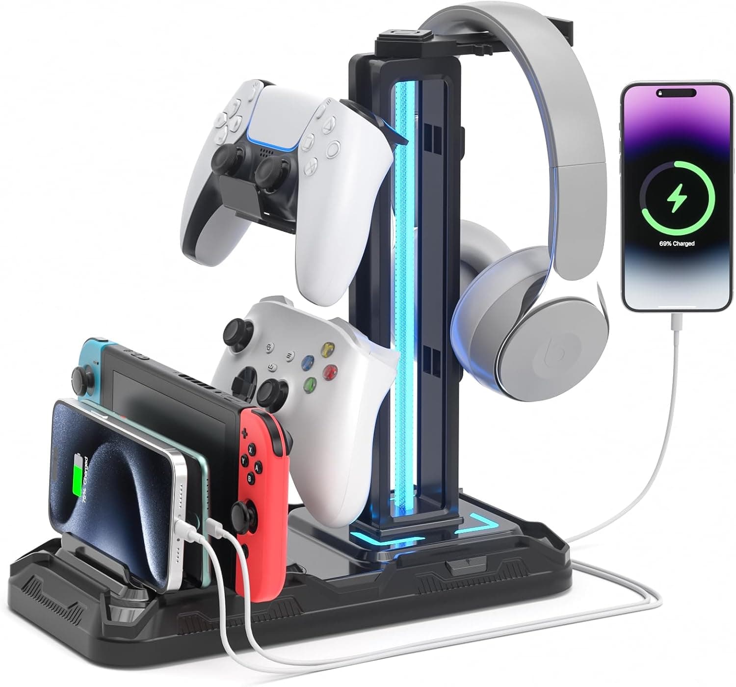 A black plastic headset stand with a turning hanger on top, side hooks for controllers and a lit base