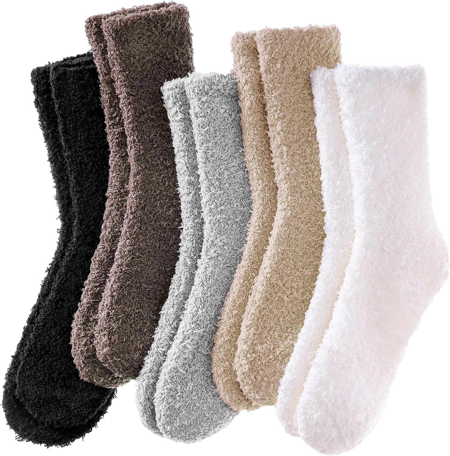 Five pairs of fluffy socks in black, brown, light grey, beige and white, laid side by side