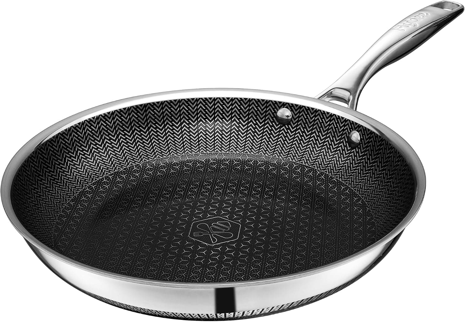 A 28cm stainless steel frying pan with an etched honeycomb pattern across the cooking surface and a long steel handle