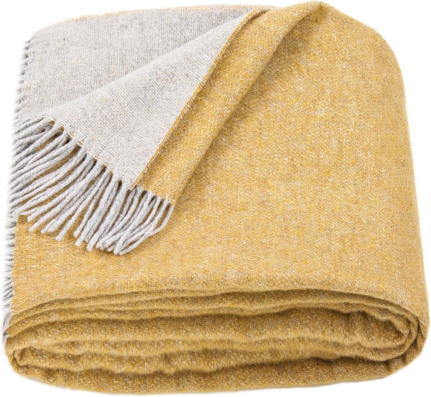 A fringed woven wool throw, mustard yellow on one side and light grey on the other, folded to show both faces