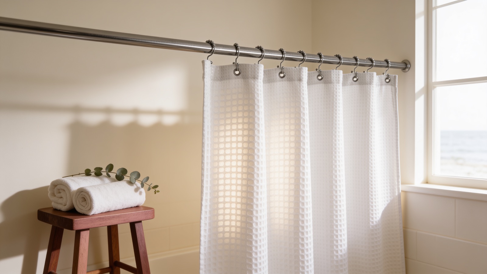 White heavyweight waffle-weave shower curtain on chrome hooks showing the textured pique grid.